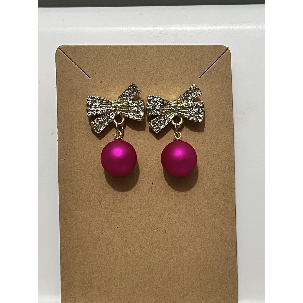 NWOT‎ Dangle Earrings Rhinestone Bows Gold Accent With Hot Pink Ball Stud - Picture 3 of 7